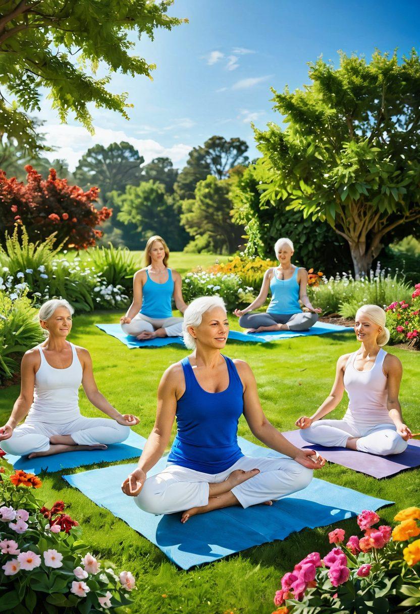 A serene landscape showing a diverse group of cancer survivors engaging in various wellness activities, such as yoga, meditation, and gardening under a bright blue sky. The foreground features vibrant flowers and greenery symbolizing growth and healing, while a bright sun radiates warmth and hope. Include elements of support, like hands being held or a comforting embrace. super-realistic. vibrant colors.