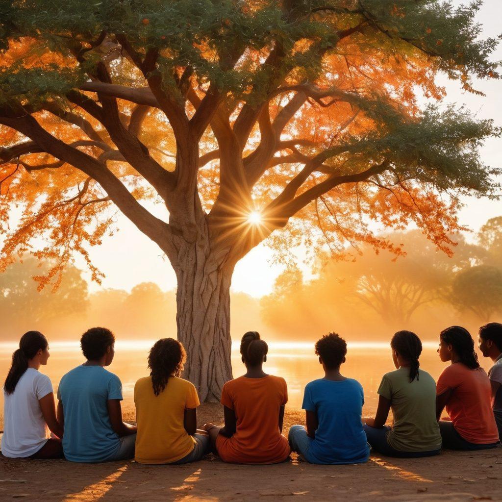 A hopeful scene depicting a diverse group of survivors united in a support group, sharing stories under a large tree symbolizing strength and growth. Include warm, inviting colors to evoke a sense of community and resilience, with elements like supportive hands and comforting gestures. In the background, a soft sunrise symbolizes new beginnings, illuminating their faces with optimism. super-realistic. vibrant colors.
