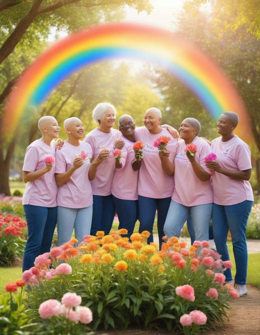 A warm and uplifting scene depicting a diverse group of cancer survivors celebrating together in a park, surrounded by blooming flowers and soft sunlight, symbolizing hope and resilience. Include a healthcare professional nurturing a plant representing growth and advancement in cancer care. The background features a rainbow to signify optimism and community support. super-realistic. vibrant colors. soft focus.